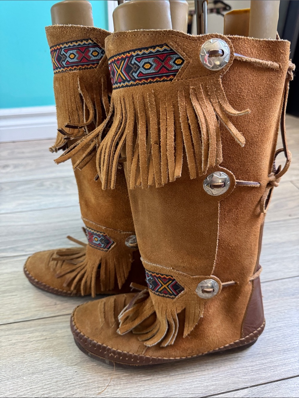 Women's Fringe Suede Tall Moccasin Boots - Brown